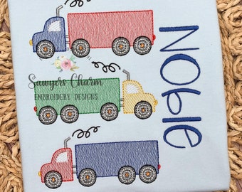 Semi big truck trio sketch stitch machine embroidery design file, bean stitch details, transportation vehicle, hauler