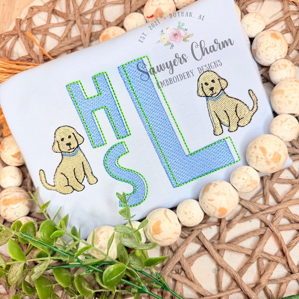 Welpe Hund Skizzenstich & mini fill Stickdatei, mit/ohne Schleife, perfekt für Monogramme