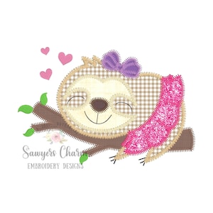 Ballerina sloth with bow zig zag applique, machine embroidery design file, quick stitch, hearts