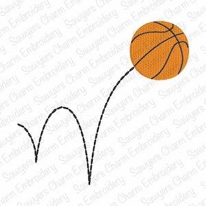 以下が含まれることがあります： 曲線の上でバウンドするバスケットボールの白黒イラスト。バスケットボールはオレンジ色で黒い線が入っています。