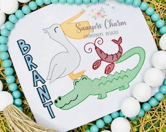 Stacked animals sketch stitch trio, machine embroidery design, alligator, crawfish, pelican, beach summer vacay