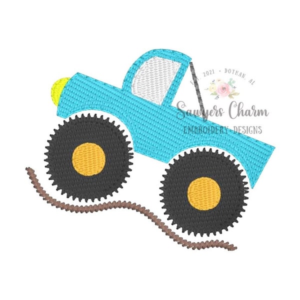 Mini monster truck with dirt fill stitch, machine embroidery design file, bean stitch, transportation, truck rally, perfect for monograms