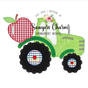 Schulanfang Traktor mit Apfel, Maschinen Applikation Design Stickdatei, Komplettstich, Schnellstich, Vintage Stich, Konstruktion