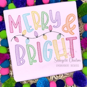 Merry & Bright with one strand of lights sketch stitch machine embroidery design file, quick stitch, Christmas, happy holidays, holly jolly