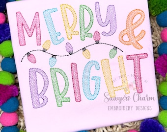 Merry & Bright with one strand of lights sketch stitch machine embroidery design file, quick stitch, Christmas, happy holidays, holly jolly