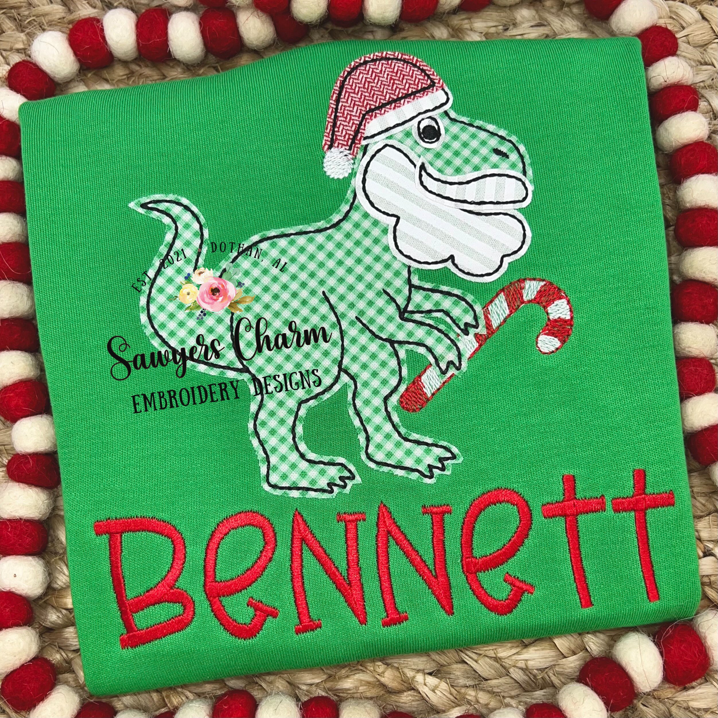 Santa T-rex Dinosaur Bean Stitch Applique, Machine Embroidery Design ...