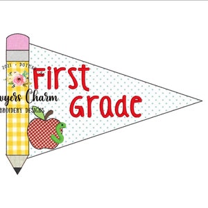 Back to school pennant with pencil and apple & worm bean stitch machine embroidery design file, bookworm, quick stitch, banner