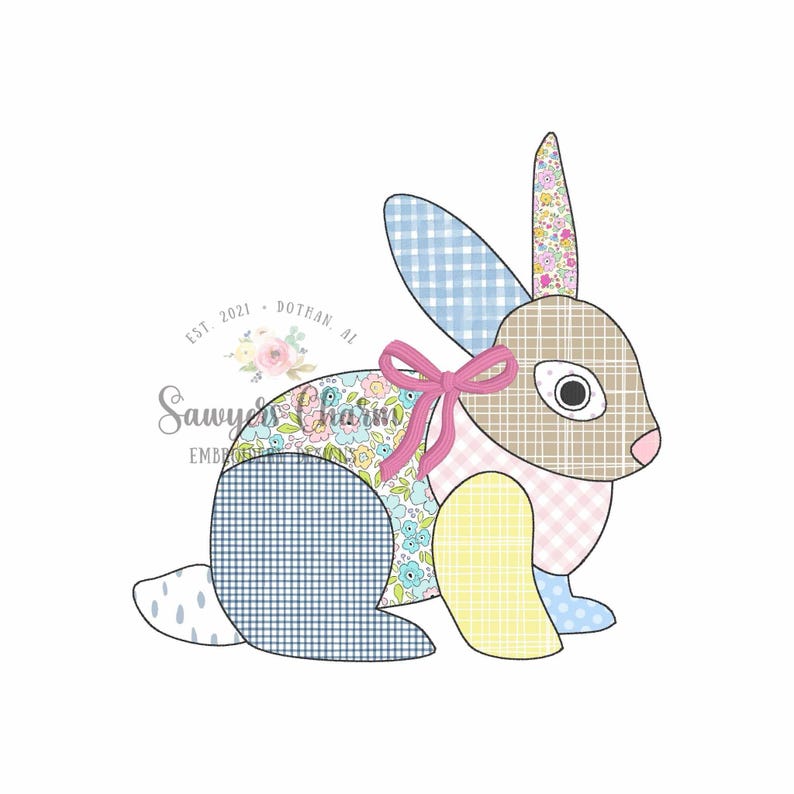 May include: A patchwork bunny illustration with various patterns and colours. The bunny features a pink bow, floral, gingham, and plaid fabrics. The text "Sawyer's Charm" and "Est. 2021 Dothan, AL" are also visible.