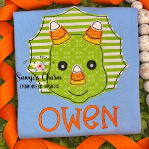 BUNDLE Candy corn triceratops with & without bow, bean stitch applique embroidery design file, dino, quick stitch, fall halloween, dinosaur