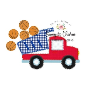 Camión volquete deportivo de baloncesto, diseño de apliques de máquina en zigzag, archivo de bordado, puntada de boceto de baloncesto, transportador de transporte
