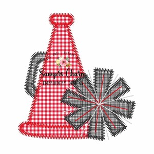 May include: Red and white checkered megaphone with a black and white pom-pom. The megaphone has a stitched design and the text "Sawyers Charm Embroidery Designs" is visible.