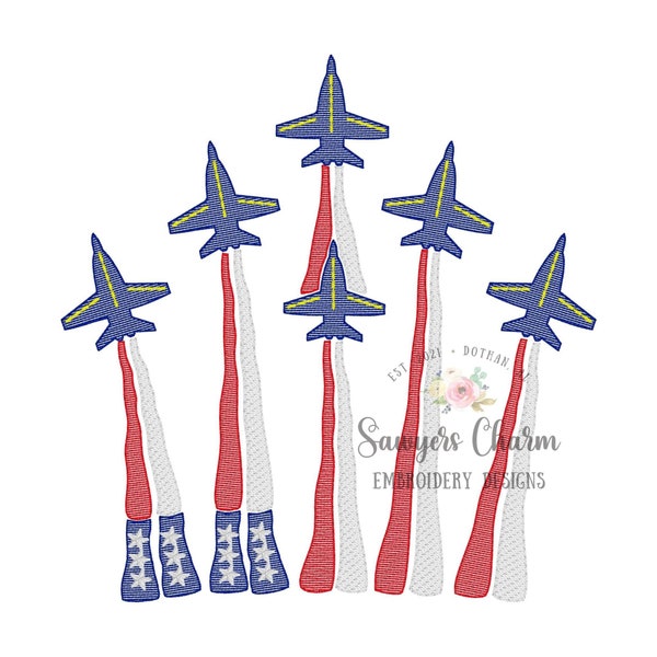 Blue jets, stars/stripes, flag smoke sketch stitch machine embroidery design file, 4th of July, patriotic, summer, America, air show