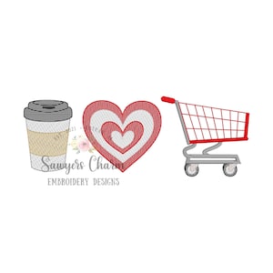 Kaffeebecher to go, Herz Bullseye, Einkaufswagen Kinderwagen Trio Skizzenstich Stickdatei, Maschinenstickerei, mini me