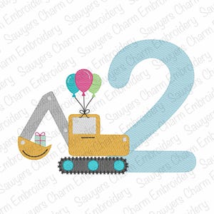 May include: An embroidered design featuring a yellow excavator with a gift box and balloons, and the number 2 in light blue. The balloons are pink, green, and teal. The design is likely for a birthday.