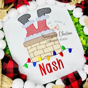 Santa Claus stuck in chimney light fill sketch stitch machine embroidery design, happy holidays, Merry Christmas, lights on roof