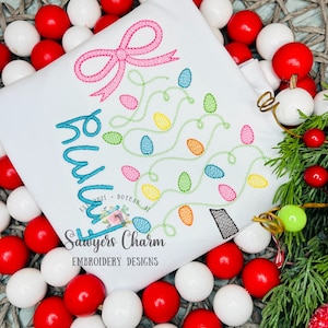 Christmas lights tree with bow sketch stitch machine embroidery design file, quick stitch, happy holidays, bean and zigzag stitch details