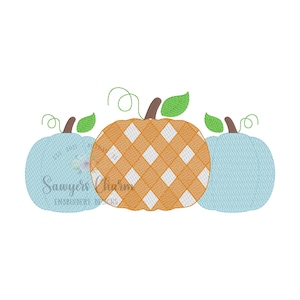 May include: An embroidery design featuring three pumpkins arranged in a row. The two outer pumpkins are light blue with green stems and leaves, while the central pumpkin is orange with a white argyle pattern, a brown stem, and green leaves. The text Sawyers Charm Embroidery Designs is visible.