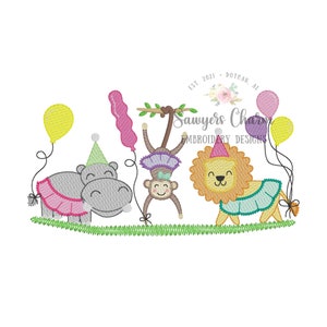 May include: An embroidered design featuring a hippopotamus, a monkey, and a lion wearing party hats and holding balloons. The design includes the text "Sawyers Charms Embroidery Designs".