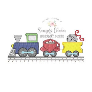 Weihnachten Dampflokomotive Zug, heiße Schokolade, Glaube Fahrkarte, Glockenschlag Maschinenstickerei, Happy Holidays