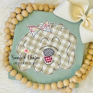 Golden doodle with bow bean stitch machine applique embroidery design file, labradoodle, puppy dog, quick stitch