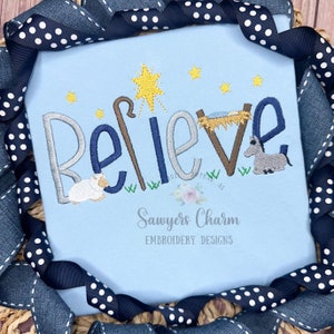 CREER Natividad del Niño Jesús, Estrella de Belén, Burro, Archivo de diseño de bordado a máquina de oveja, Letras de puntada satinada, Mini relleno, Historia de Navidad