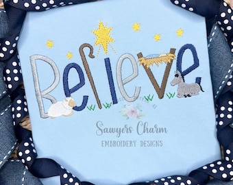 BELIEVE Baby Jesus Nativity, Bethlehem star, donkey, sheep machine embroidery design file, satin stitch letters, mini fill, Christmas story
