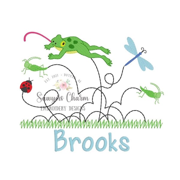 Hopping jumping insects and frog sketch machine embroidery design file, quick stitch, bean stitch, summer, bugs, spring, grass