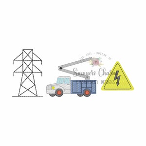 May include: An embroidered design featuring a blue and white utility truck with a lift, a black and white power line tower, and a yellow warning sign with a lightning bolt. The text "EST 2021 - DOTHAN, AL" and "Sawyers Charm DIY Designs" are also included.