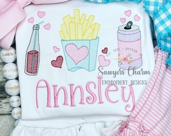 Valentine's Day soda pop, french fries, soda bottle with hearts trio sketch stitch machine embroidery design, love, fast food