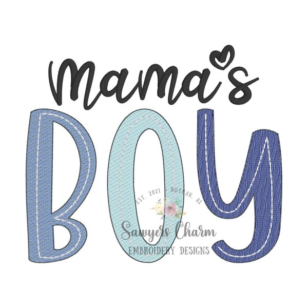 Mama's Boy light fill sketch stitch machine embroidery design file, satin stitch, vintage retro, Mother's Day, mom, baby boy, toddler, love