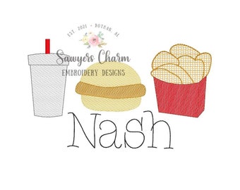 Fast food, chicken sandwich, waffle fries, drink trio sketch stitch embroidery design file, quick stitch, soft drink, bean stitch details