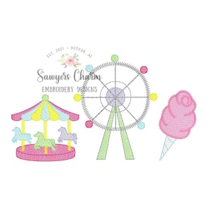 Jahrmarkt-Trio, Karussell, Riesenrad, Zuckerwatte, Skizzenstich, Maschinenstickerei, Festival, Trio, Snacks, Essen, Fahrgeschäfte