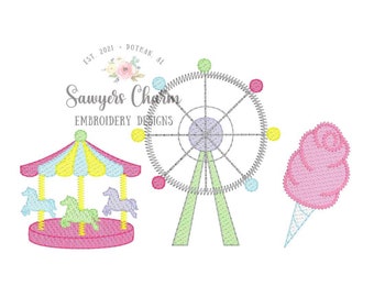 County fair trio, carousel, ferris wheel, cotton candy sketch stitch machine embroidery design file, festival, trio, snacks, food, rides