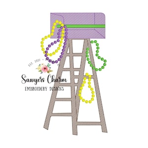 May include: A wooden ladder with purple, green, and yellow Mardi Gras beads hanging from it. A purple and green box sits on top of the ladder. The text "Sawyers Charm Embroidery Designs" is below the ladder.