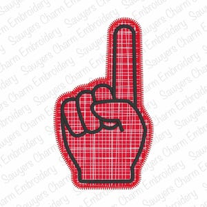 May include: A red foam finger with a black outline, showing the number one. The finger has a red and white plaid pattern inside and a stitched border. A classic symbol of support.