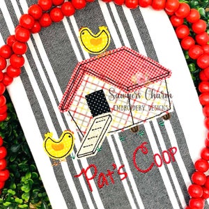 Chicken coop bean stitch applique, machine embroidery design file, quick stitch, farm animal, feed, hen, roosters, spring, fall