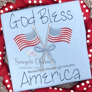 Crossed American flags with coquette bow, satin stitch machine embroidery design, 4th of July, patriotic, stars & stripes