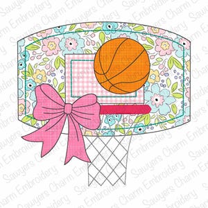 Puede incluir: Un diseño floral rosa y blanco con un aro de baloncesto y un lazo rosa. La pelota de baloncesto es naranja con líneas negras.