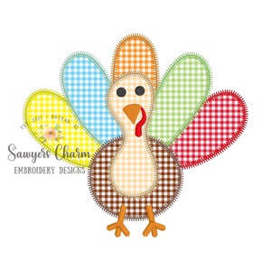 May include: A colorful patchwork turkey with a brown body and a red wattle. The turkey's tail feathers are made of yellow, blue, green, and red gingham fabric.
