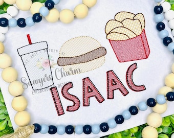 Chicken sandwich, waffle fries, drink sketch stitch trio, machine embroidery design, Fast Food