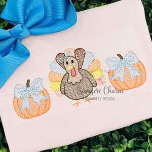 Turkey & pumpkins with coquette bow sketch stitch trio, machine embroidery design, perfect for fall, thanksgiving, gobble, quick stitch