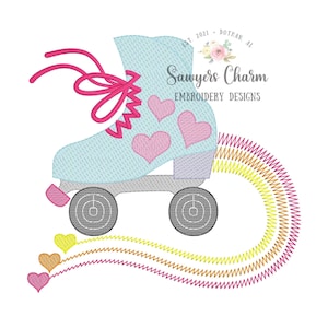 May include: A light blue roller skate with pink laces and hearts on the side. The skate is leaving a rainbow trail behind it.