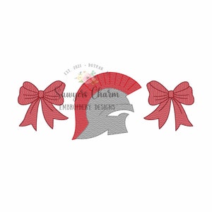 May include: An embroidered design featuring a red and gray Spartan helmet with a red crest, flanked by two red bows. The text "Sawyers Charm Embroidery Designs" and "Est. 2021 Dothan" are also included.