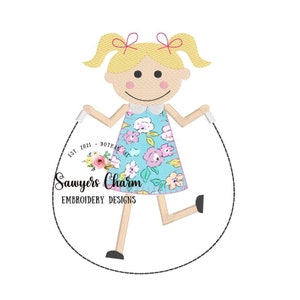 May include: A digital embroidery design of a girl with blonde pigtails jumping rope. She is wearing a blue dress with pink flowers and black shoes. The design includes the text "Sawyers Charm Embroidery Designs" and "Est. 2021 - Dothan, AL".