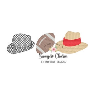 Hounds tooth hat, football, straw hat sketch stitch trio embroidery design file, quick stitch/bean stitch, college university sports legends