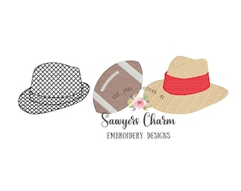 Hounds tooth hat, football, straw hat sketch stitch trio embroidery design file, quick stitch/bean stitch, college university sports legends