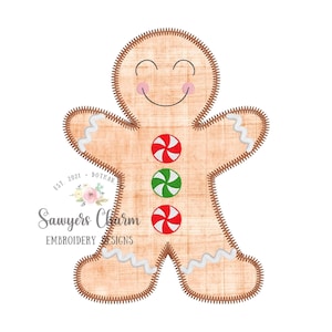 May include: A gingerbread man with a happy face and three peppermint candies on his chest. The gingerbread man is brown with white icing on his arms and legs. The background is white.
