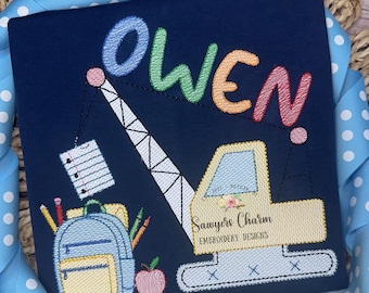Back to School crane sketch stitch machine embroidery design, quick stitch, construction digger truck transportation, backpack, supplies