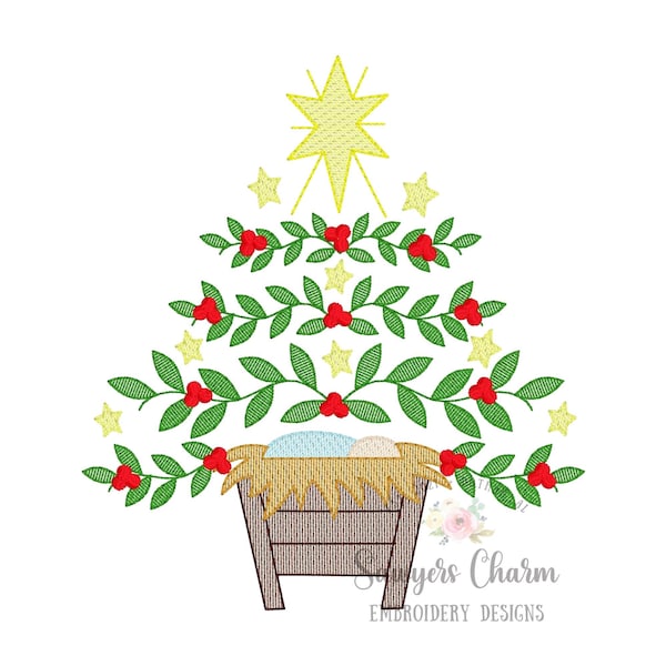 Baby Jesus Nativity Christmas tree, Bethlehem star sketch stitch machine embroidery design file, holly berries, O Holy Night, happy holidays