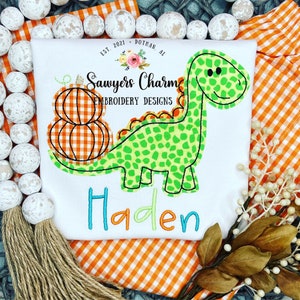 May include: A white onesie with green and yellow dinosaur applique and a stack of orange and white gingham pumpkins. The onesie has the text "Sawyers Charm Embroidery Designs" and the name "Haden" embroidered on it.